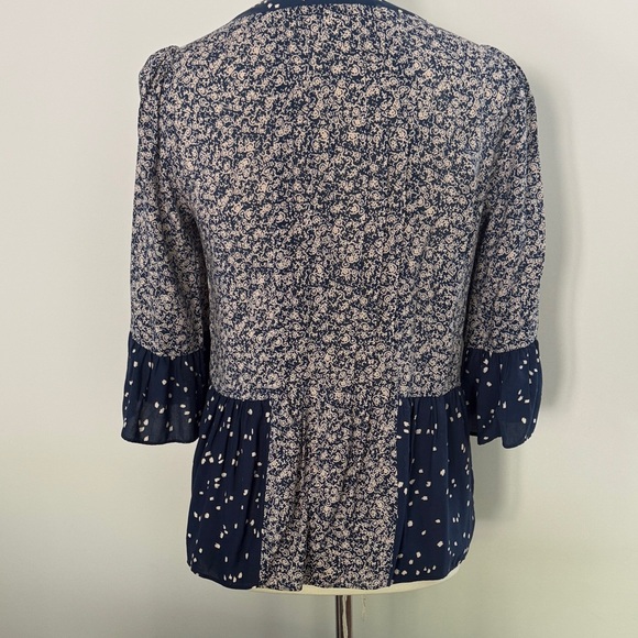 Anthropologie Navy and White Mixed-Print Crochet Yoke Blouse - Picture 5 of 9